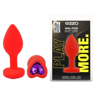 Силіконова червона анальна пробка з фіолетовим кристалом у формі серця EGZO Silicone Heart Plug розмір S