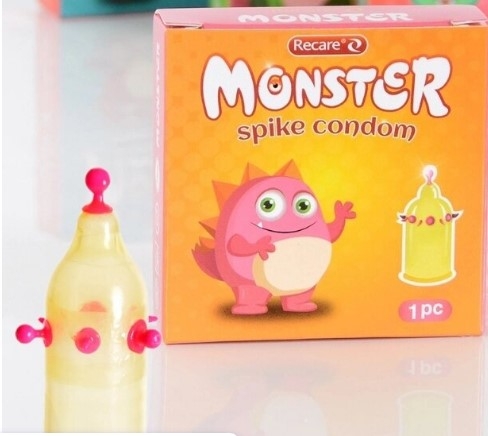 Презерватив желтого цвета с розовыми шариками Recare Monster 1штука - 1