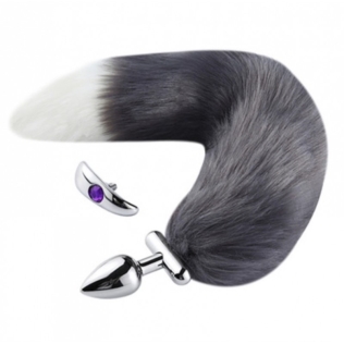 Анальна пробка із хвістом, що знімається Deformable Fox Tail Metal Anal Plug сірий