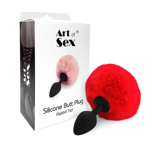 Анальний корок силіконовий чорного кольору з хвостом червоного кольору Art of Sex Rabbit Tail розмір М - 3