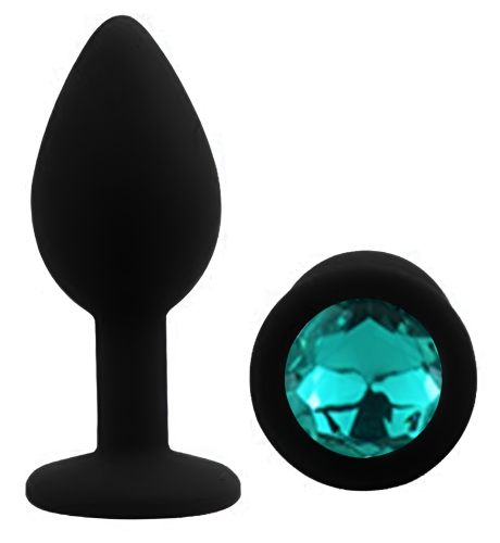Силіконова чорна анальна пробка із бірюзовим кристалом EGZO Silicone Round Plug розмір S - 2