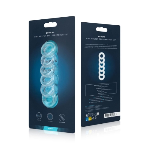Набір ерекційних кілець для мошонки прозорі гелеві Boners Ring Master Ballstretcher Set 6 штук - 5