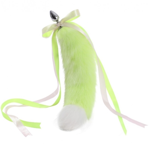 Анальний металевий затор з довгим хутряним хвостом Bicolor Fox Tail Plug салатовий - 2