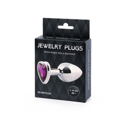 Анальна втулка металева з фіолетовою стразою у вигляді серця Anal Jewelry Plugs L 80 мм d 34 мм Вага 80г - 4