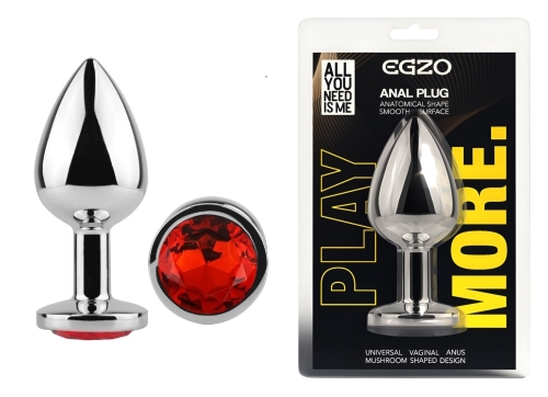 Анальная пробка серебристая из нержавеющей стали с кристаллом красным EGZO Round Plug размер M - 1