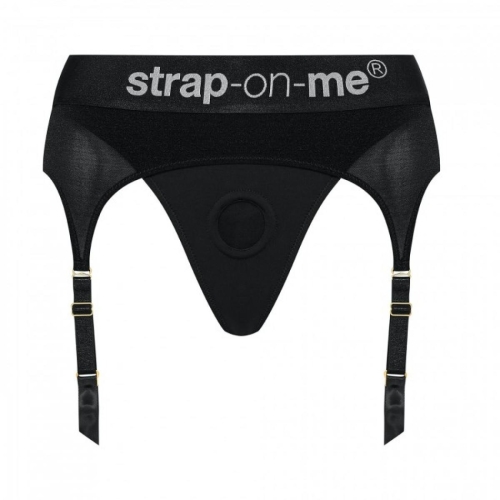 Трусики для страпону з підтяжками для панчох чорного кольору Strap On Me розмір M - 5
