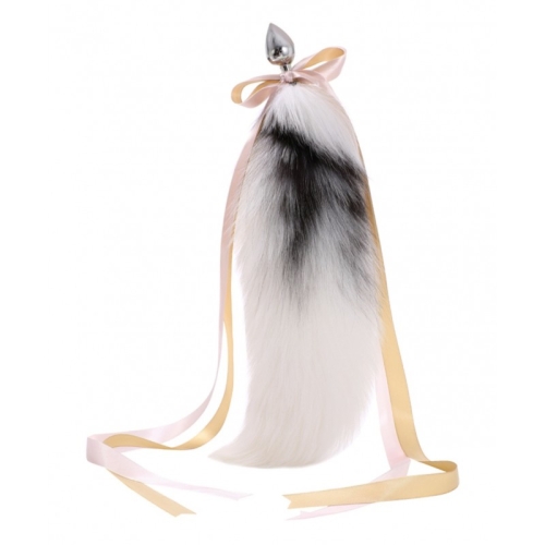 Анальний металевий затор з пухнастим хвостом Detachable Cross Fluffy Fox Tail Plug білий - 2