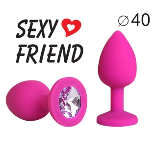Силиконовая анальная пробка цвета фуксия с светло-фиолетовым стразом Sexy Friend L 95 мм, D 40 мм