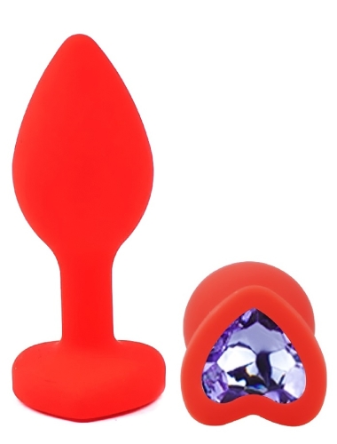 Силіконова червона анальна пробка з бузковим кристалом у формі серця EGZO Silicone Heart Plug розмір S - 2
