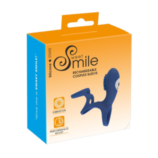 Вибронасадка на член с клиторальным стимулятором синего цвета Sweet Smile Rechargeable Couple Sleeve