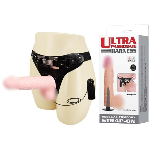 Страпон вініловий з трусиками зі шкірозамінника з вібрацією Ultra passionate Harness L 16,5 см d 3,7 см - 1