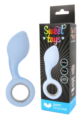 Стимулятор анальный гладкий силиконовый с ручкой-кольцом SWEET TOYS голубой L 9 см D 4 см - 1