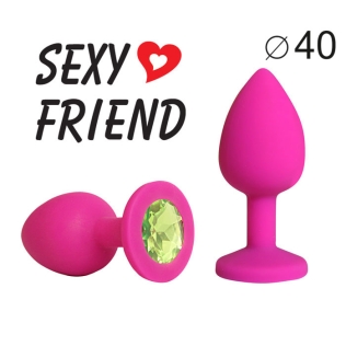 Силиконовая анальная пробка цвета фуксия с светло-зеленым стразом Sexy Friend L 95 мм, D 40 мм