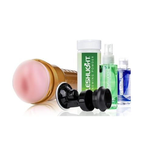 Набор из мастурбатора в колбе вагина телесного цвета и средств гигиены Fleshlight - 1