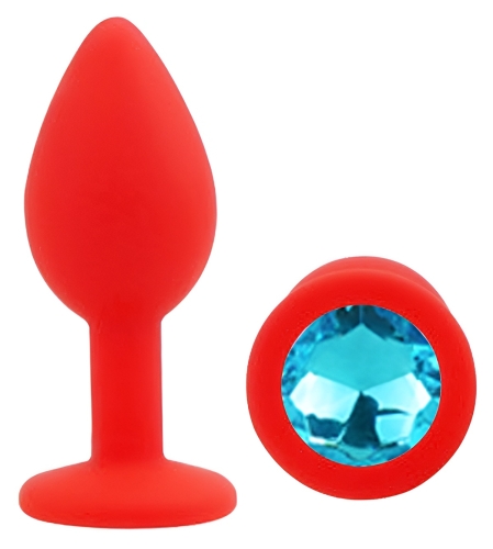 Силіконова червона анальна пробка із блакитним кристалом EGZO Silicone Round Plug розмір S - 2