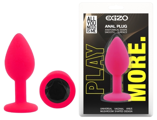 Силиконовая розовая анальная пробка с черным кристаллом EGZO Silicone Round Plug размер S - 1