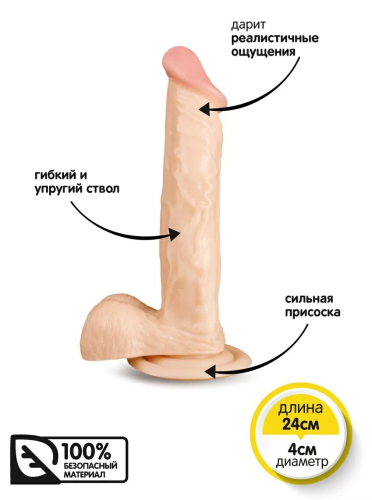 Великий 19,5 / 4 см фалоімітатор на присоску з прожилками Brazzers 19,5 см тілесний - 6