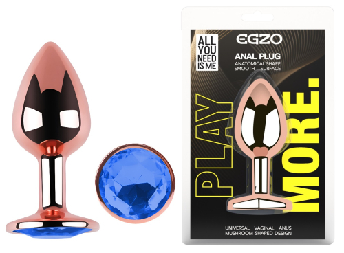 Анальная пробка из розового золота нержавеющей стали с синим кристаллом EGZO Rose Gold Round Plug размер M - 1