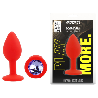 Силіконова червона анальна пробка із бузковим кристалом EGZO Silicone Round Plug розмір S
