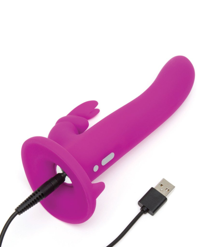 Двойной ременной вибрострапон фиолетового цвета с черными трусиками Fifty Shades of Grey Happy Rabbit Rechargeable Vibrating Strap On Harness Set - 4
