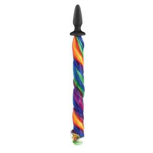 Анальная коническая пробка черного цвета с разноцветным хвостом NS Novelties Unicorn tails rainbow