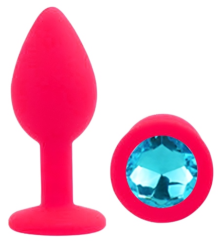 Силіконова рожева анальна пробка із блакитним кристалом EGZO Silicone Round Plug розмір S - 2