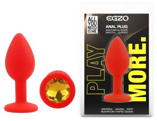Силіконова червона анальна пробка із золотистим кристалом EGZO Silicone Round Plug розмір S - 1