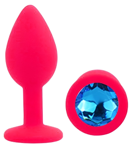 Силіконова рожева анальна пробка із синім кристалом EGZO Silicone Round Plug розмір S - 2