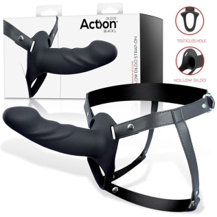 Ременной страпон для мужчин полый с петлей на мошонку черного цвета Action Strap-On Hollow Dildo Premium размер L