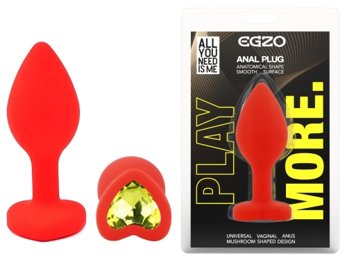 Силіконова червона анальна пробка із салатовим кристалом у формі серця EGZO Silicone Heart Plug розмір S - 1