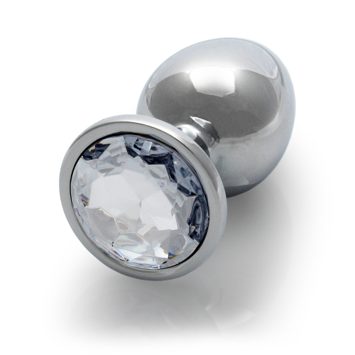 Анальний корок з білим каменем Round Gem розмір МOuch! сріблястого кольору - 4