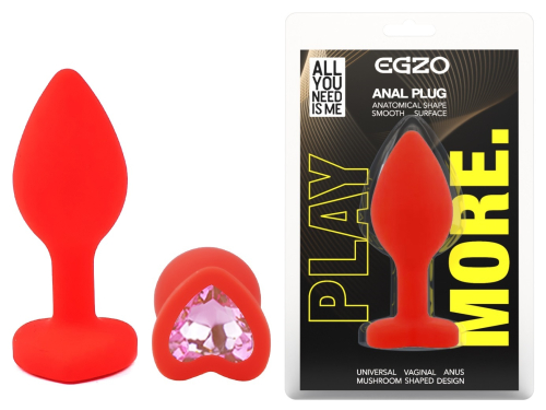 Силіконова червона анальна пробка з рожевим кристалом у формі серця EGZO Silicone Heart Plug розмір S - 1