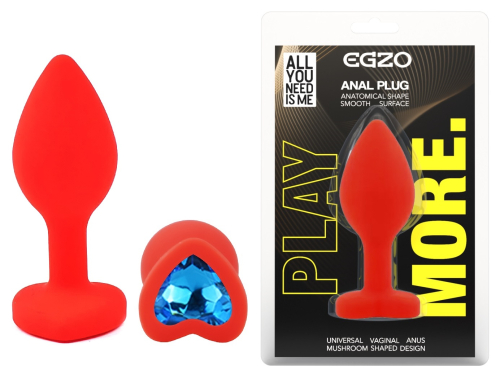 Силіконова червона анальна пробка із синім кристалом у формі серця EGZO Silicone Heart Plug розмір S - 1