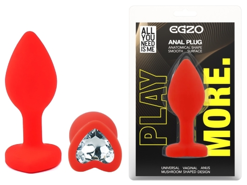 Силіконова червона анальна пробка із прозорим кристалом у формі серця EGZO Silicone Heart Plug розмір S - 1