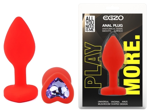 Силіконова червона анальна пробка з бузковим кристалом у формі серця EGZO Silicone Heart Plug розмір S - 1