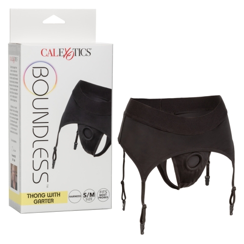Трусики для страпону з широким поясом чорного кольору California еxotic novelties Boundless Thong with Garter розміри S М - 1