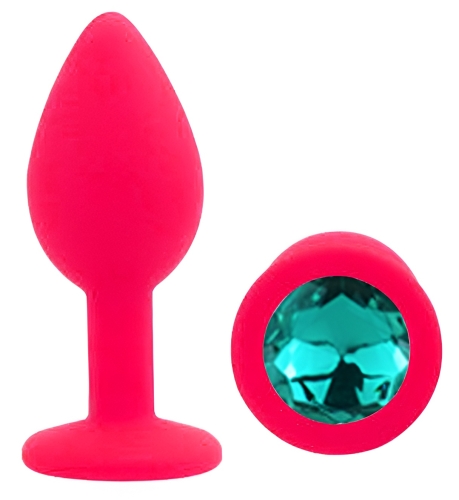 Силіконова рожева анальна пробка з бірюзовим кристалом EGZO Silicone Round Plug розмір S - 2