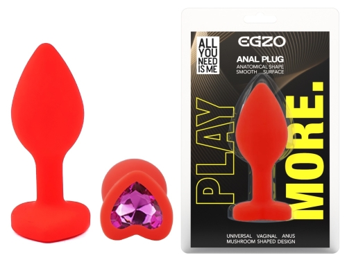 Силіконова червона анальна пробка з малиновим кристалом у формі серця EGZO Silicone Heart Plug розмір S - 1