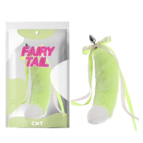 Анальний металевий затор з довгим хутряним хвостом Bicolor Fox Tail Plug салатовий - 1