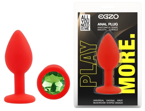 Силіконова червона анальна пробка із зеленим кристалом EGZO Silicone Round Plug розмір S - 1