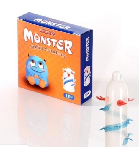 Презерватив прозорого кольору з червоно блакитними вусиками Recare Monster Zib 1штука - 1
