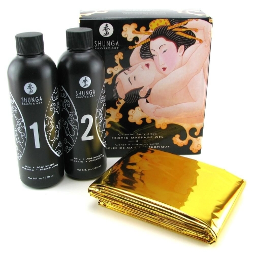 Гель для массажа с афродизиаком аромат Дыня с Манго Shunga ORIENTAL BODY-TO-BODY 2 x 225 мл с покрывалом в комплекте - 1