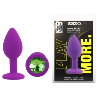 Силиконовая фиолетовая анальная пробка с зеленым кристаллом EGZO Silicone Round Plug размер S