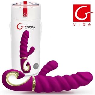 Вибратор ребристый для точки G и с отростком для клитора фиолетового цвета Gvibe Gcandy