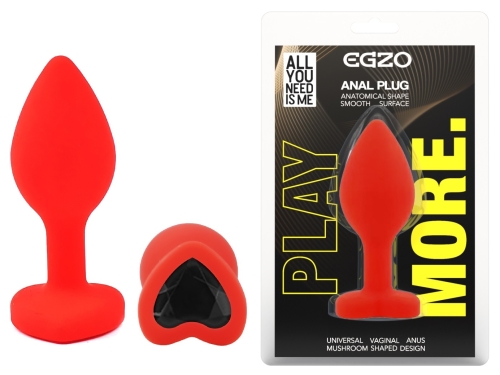 Силіконова червона анальна пробка із чорним кристалом у формі серця EGZO Silicone Heart Plug розмір S - 1