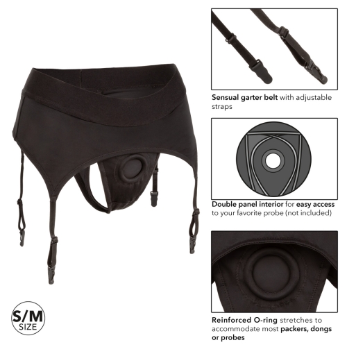 Трусики для страпону з широким поясом чорного кольору California еxotic novelties Boundless Thong with Garter розміри S М - 4