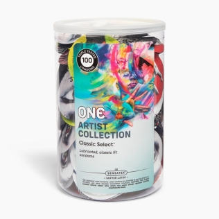 Банка презервативов ультратонкие с эксклюзивным дизайном оберток ONE Classic Select Artist Collection 100 штук