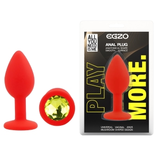 Силіконова червона анальна пробка із салатовим кристалом EGZO Silicone Round Plug розмір S