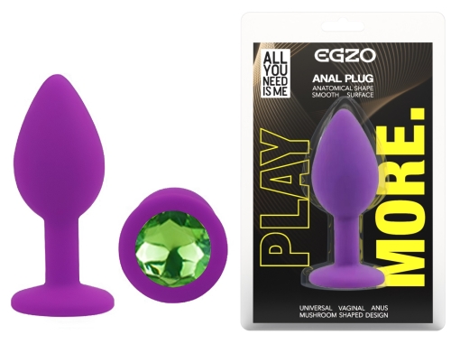 Силіконова фіолетова анальна пробка із зеленим кристалом EGZO Silicone Round Plug розмір S - 1