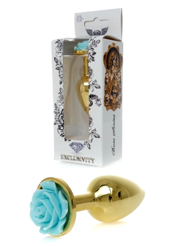 Анальний затор золотистого кольору з блакитною трояндочкою Boss series Plug Jewellery - 1